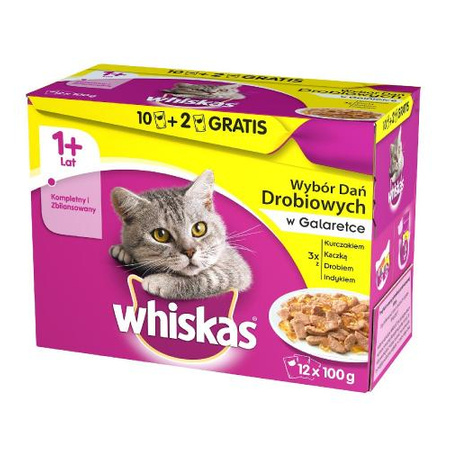 WHISKAS Drobiowe Dania W Galaretce - mokra karma dla kota - saszetka 12x100g