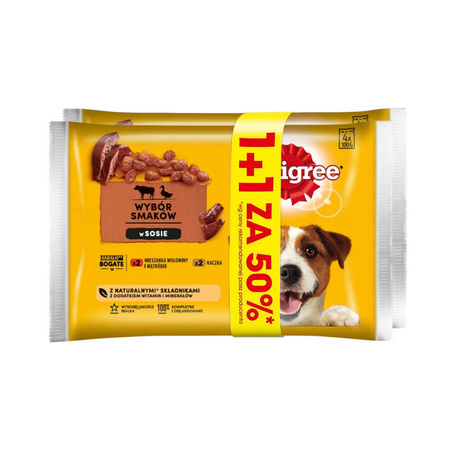 PEDIGREE Wybór Smaków w sosie z wołowiną i kaczką - mokra karma dla psa - saszetka 4x100g + 4x100g za 50%