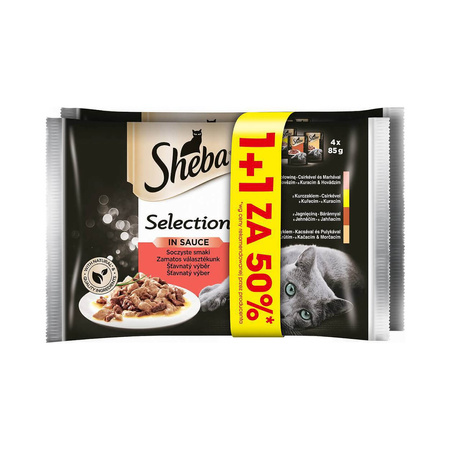 SHEBA Selection Soczyste Smaki w sosie - mokra karma dla kota - saszetka 4x85g + 4x85g za 50%