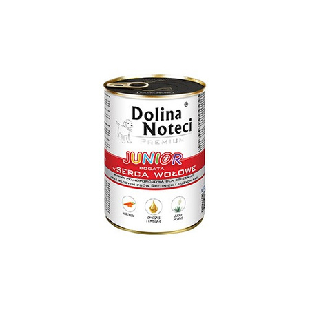 DOLINA NOTECI Premium Junior - mokra karma dla psa z sercami wołowymi - puszka 400g